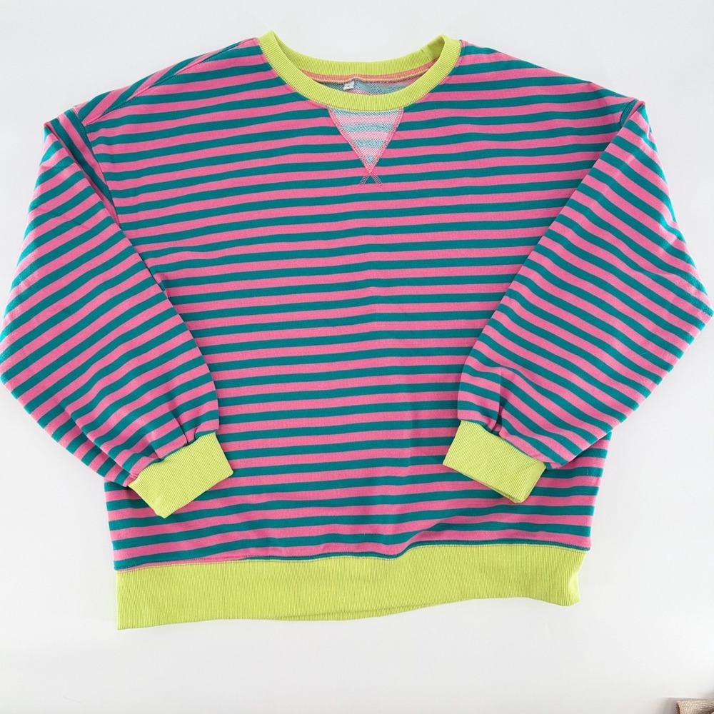 UNBRANDED Striped Oversized Sweatshirt Pink Teal Lime Green Retro Pullover